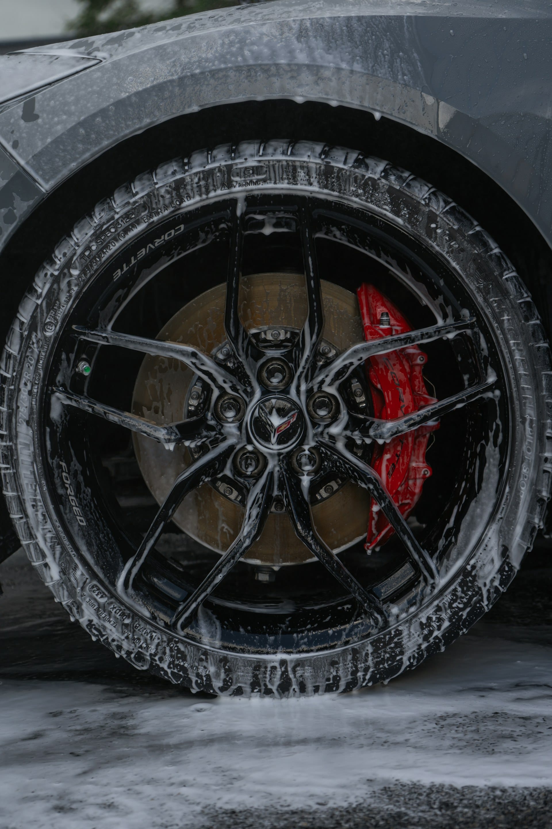 Thick foam soaking a wheel and tire